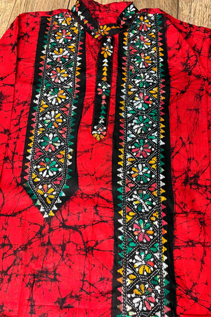 Red Pure Cotton Batik with Kantha Work (Hand Embroidery) Panjabi