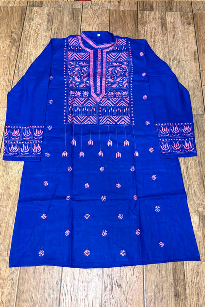 Blue Pure Cotton with Kantha Work (Hand Embroidery) Panjabi
