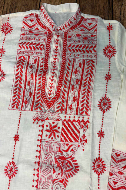 White Pure Cotton with Kantha Work (Hand Embroidery) Panjabi