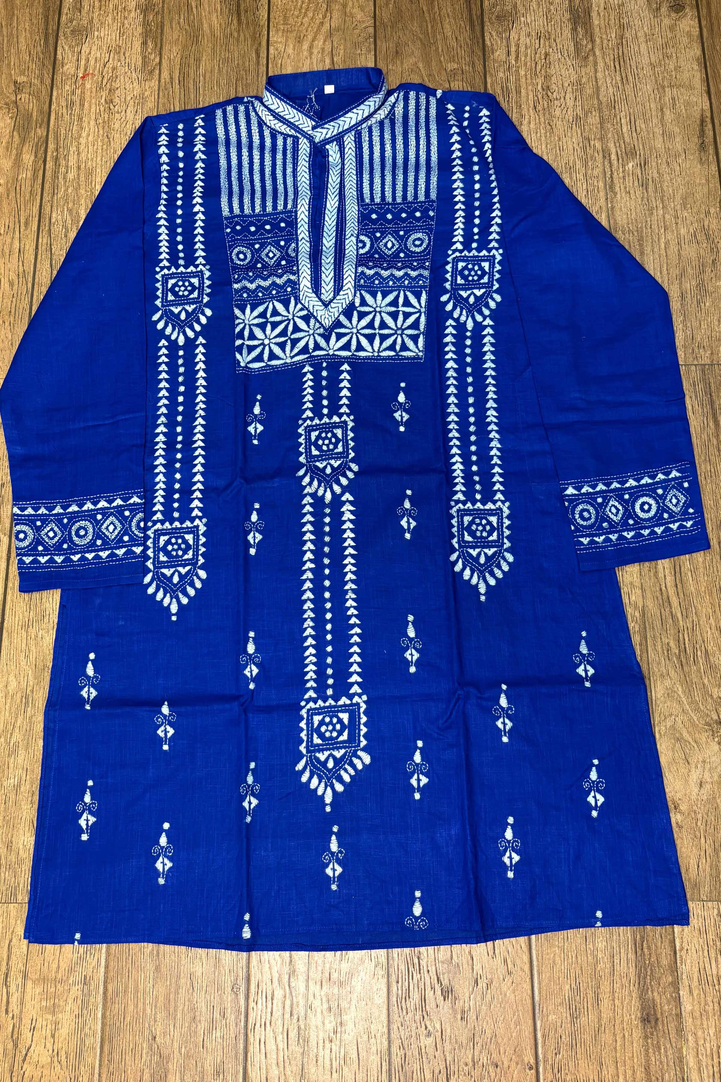 Blue Pure Cotton with Kantha Work (Hand Embroidery) Panjabi