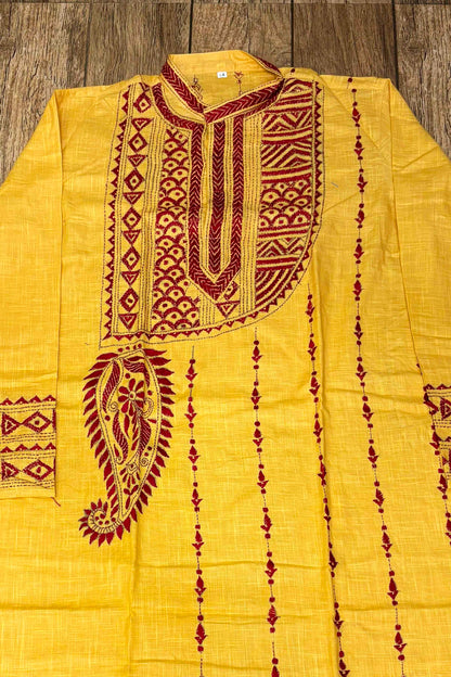 Yellow Pure Cotton with Kantha Work (Hand Embroidery) Panjabi