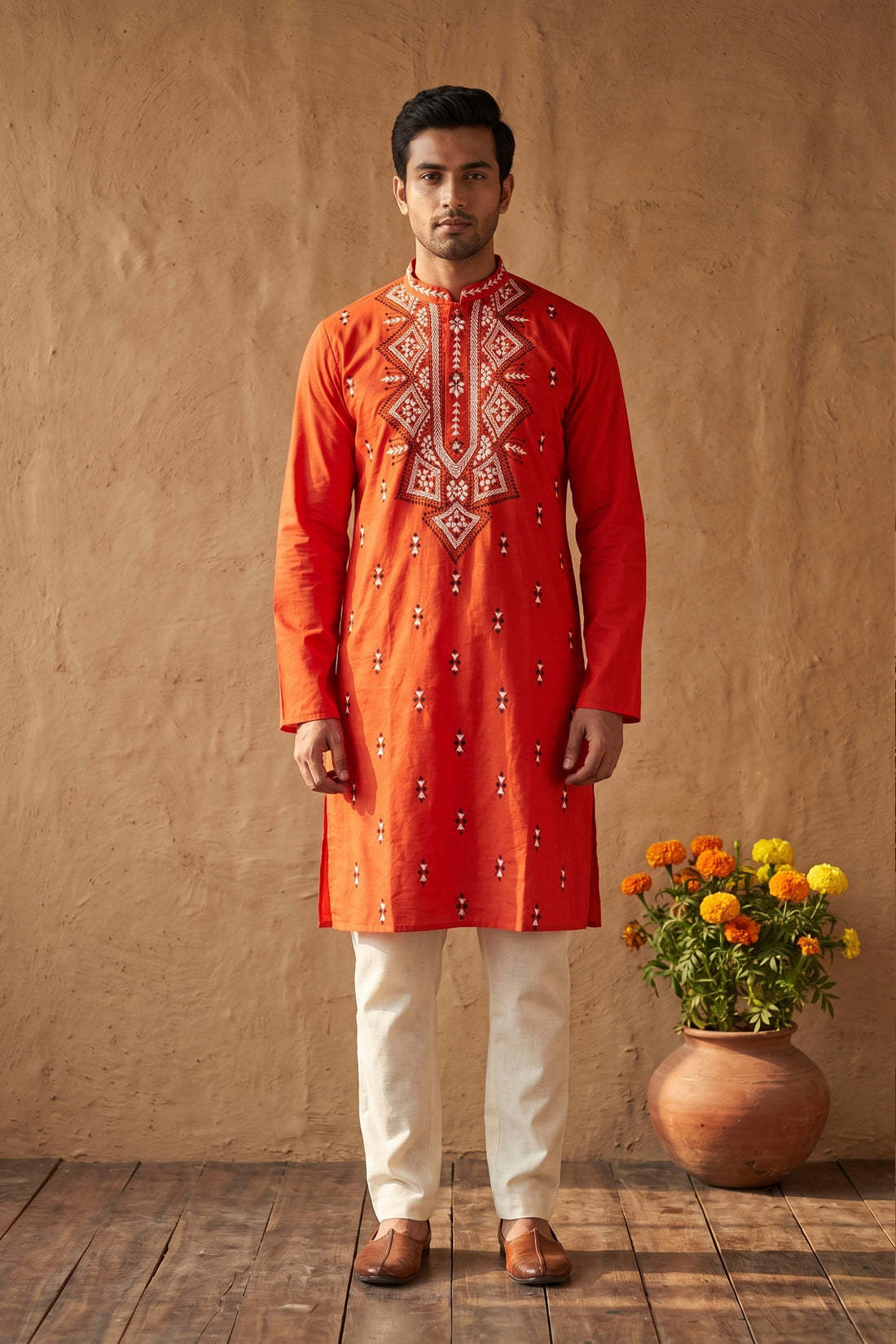 Red Pure Cotton with Kantha Work (Hand Embroidery) Panjabi