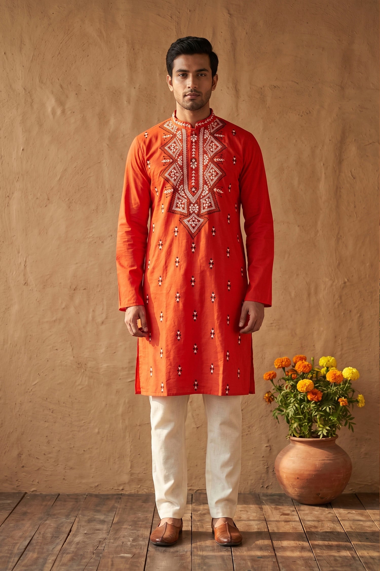 Red Pure Cotton with Kantha Work (Hand Embroidery) Panjabi