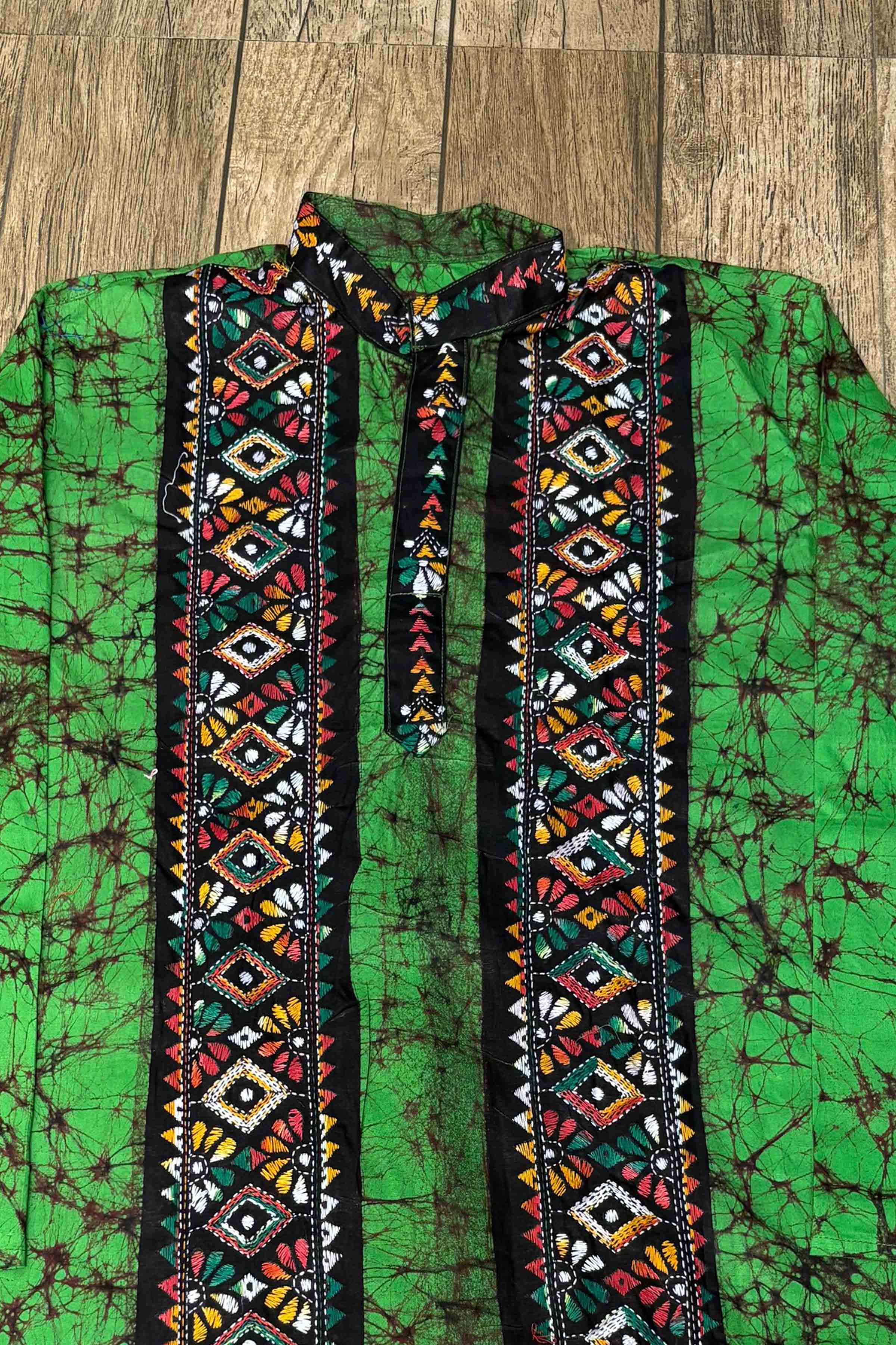 Black Pure Cotton Batik with Kantha Work (Hand Embroidery) Panjabi