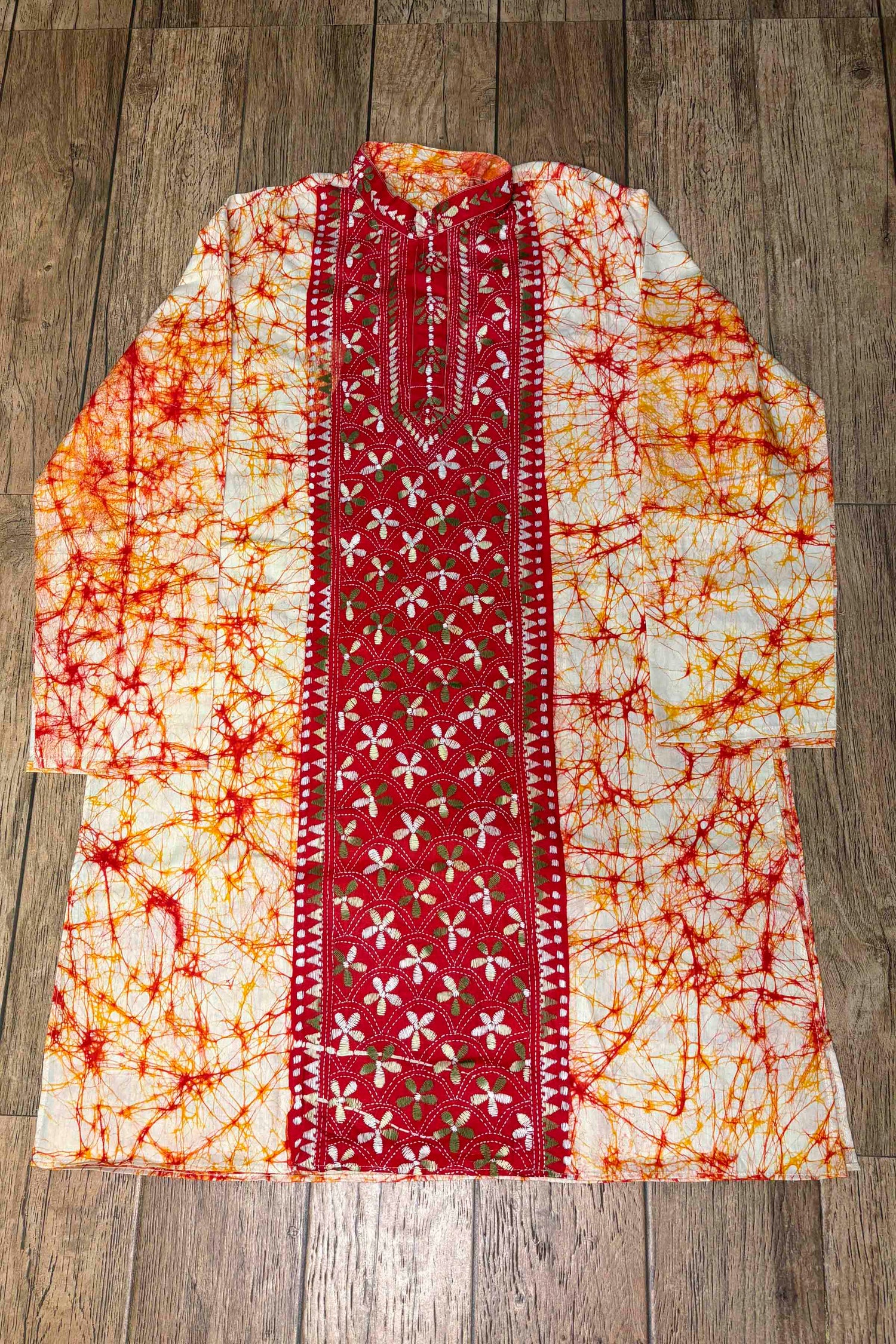 White-Orange Pure Cotton Batik with Kantha Work (Hand Embroidery) Panjabi