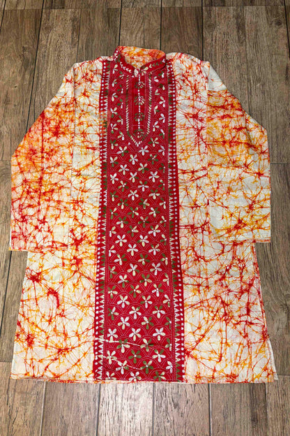 White-Orange Pure Cotton Batik with Kantha Work (Hand Embroidery) Panjabi