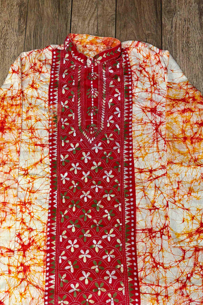 White-Orange Pure Cotton Batik with Kantha Work (Hand Embroidery) Panjabi