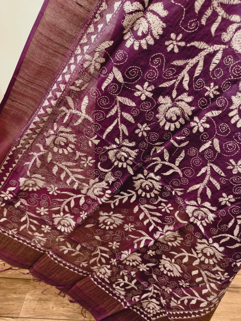 Zari Border Pure Tussar Kantha Stitch Dupatta SN26KD19