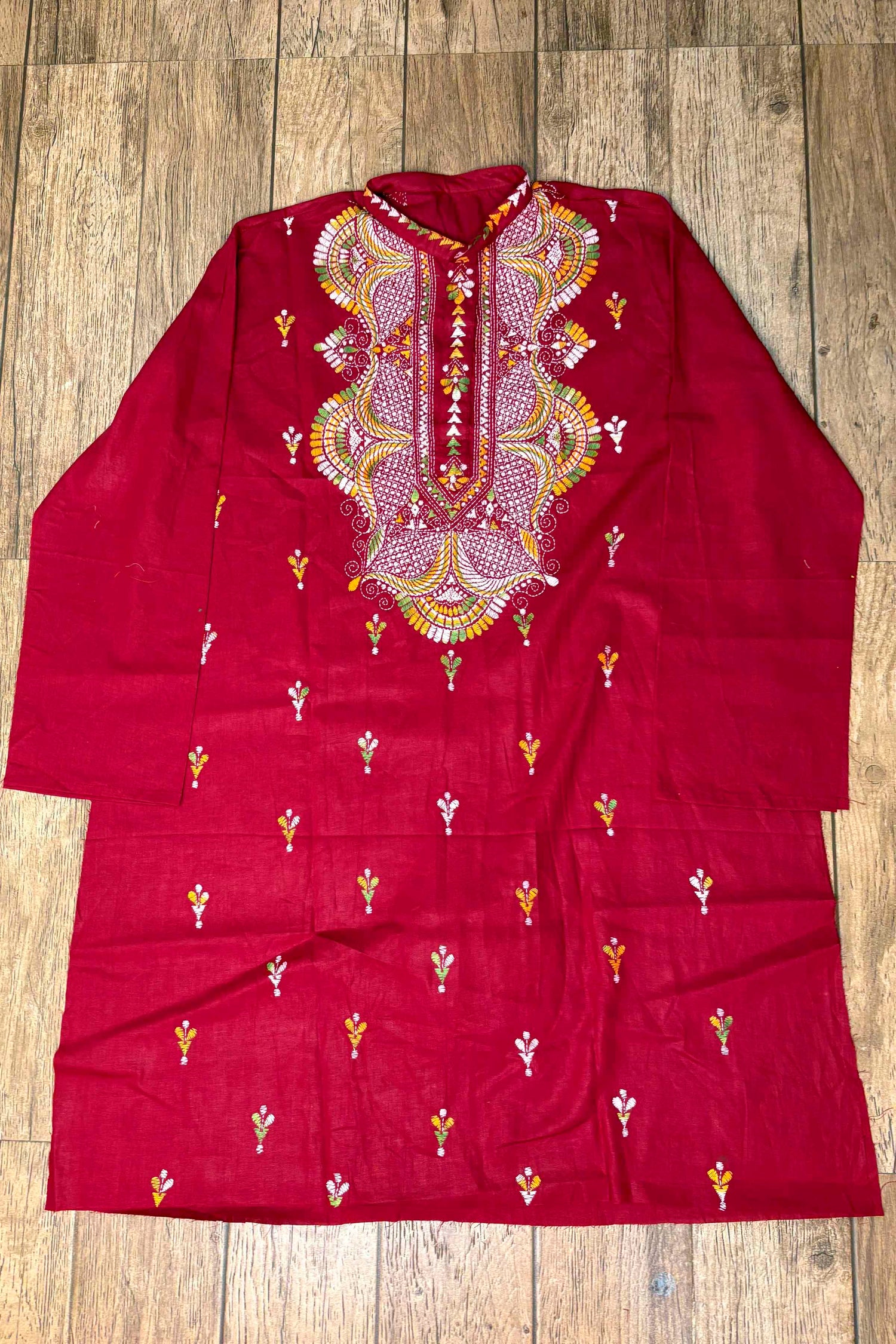 Maroon Pure Cotton with Kantha Work (Hand Embroidery) Panjabi
