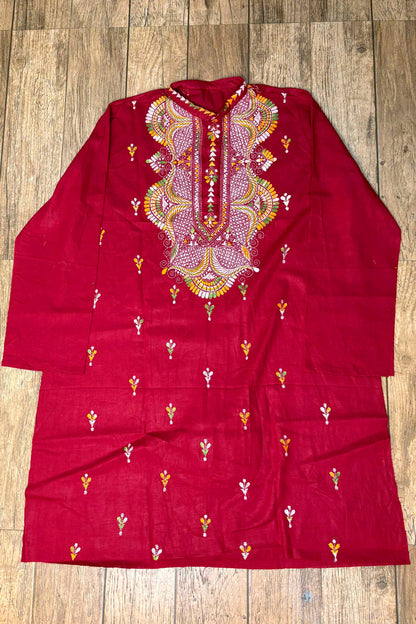 Maroon Pure Cotton with Kantha Work (Hand Embroidery) Panjabi