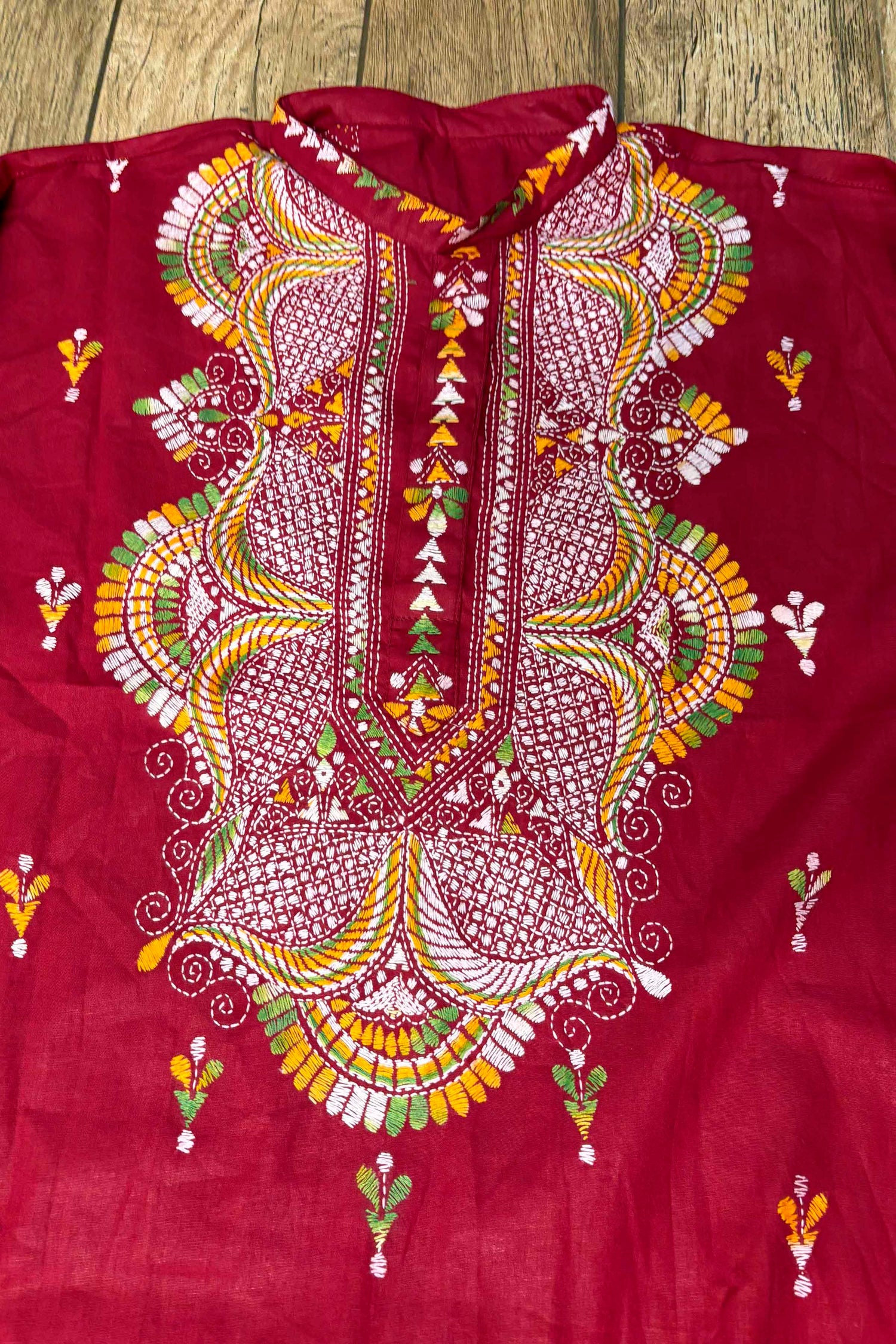 Maroon Pure Cotton with Kantha Work (Hand Embroidery) Panjabi