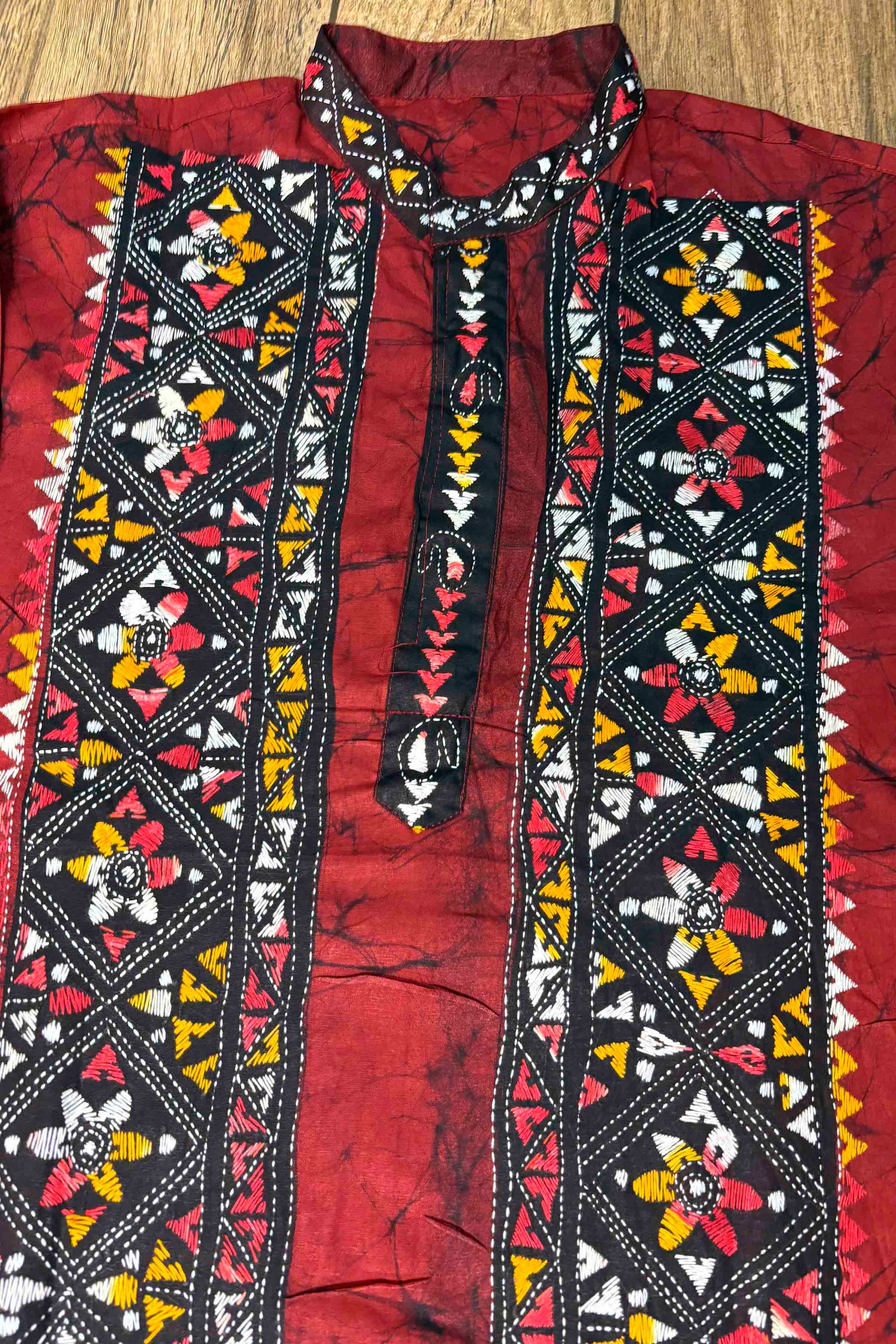 Red Pure Cotton Batik with Kantha Work (Hand Embroidery) Panjabi