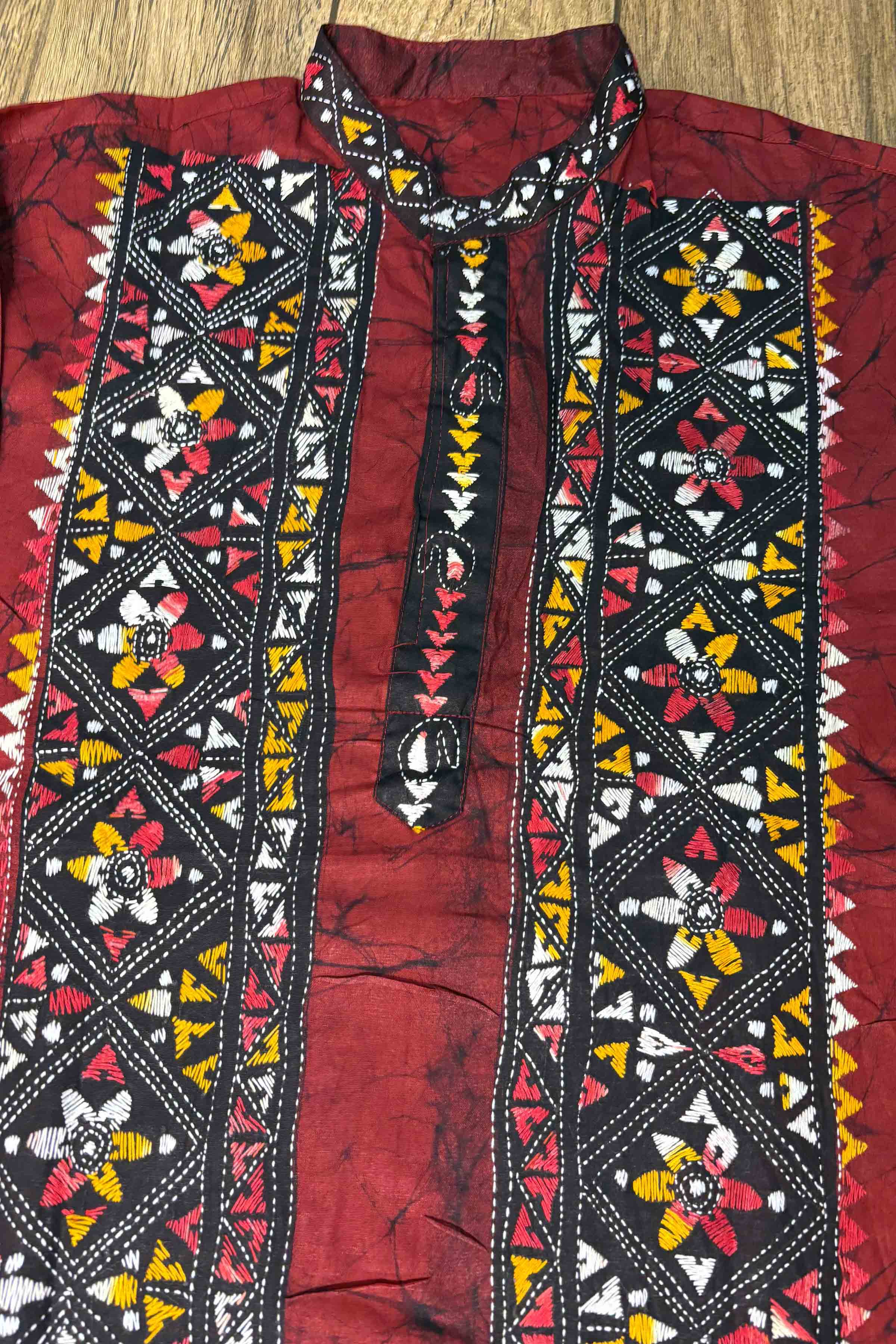 Red Pure Cotton Batik with Kantha Work (Hand Embroidery) Panjabi