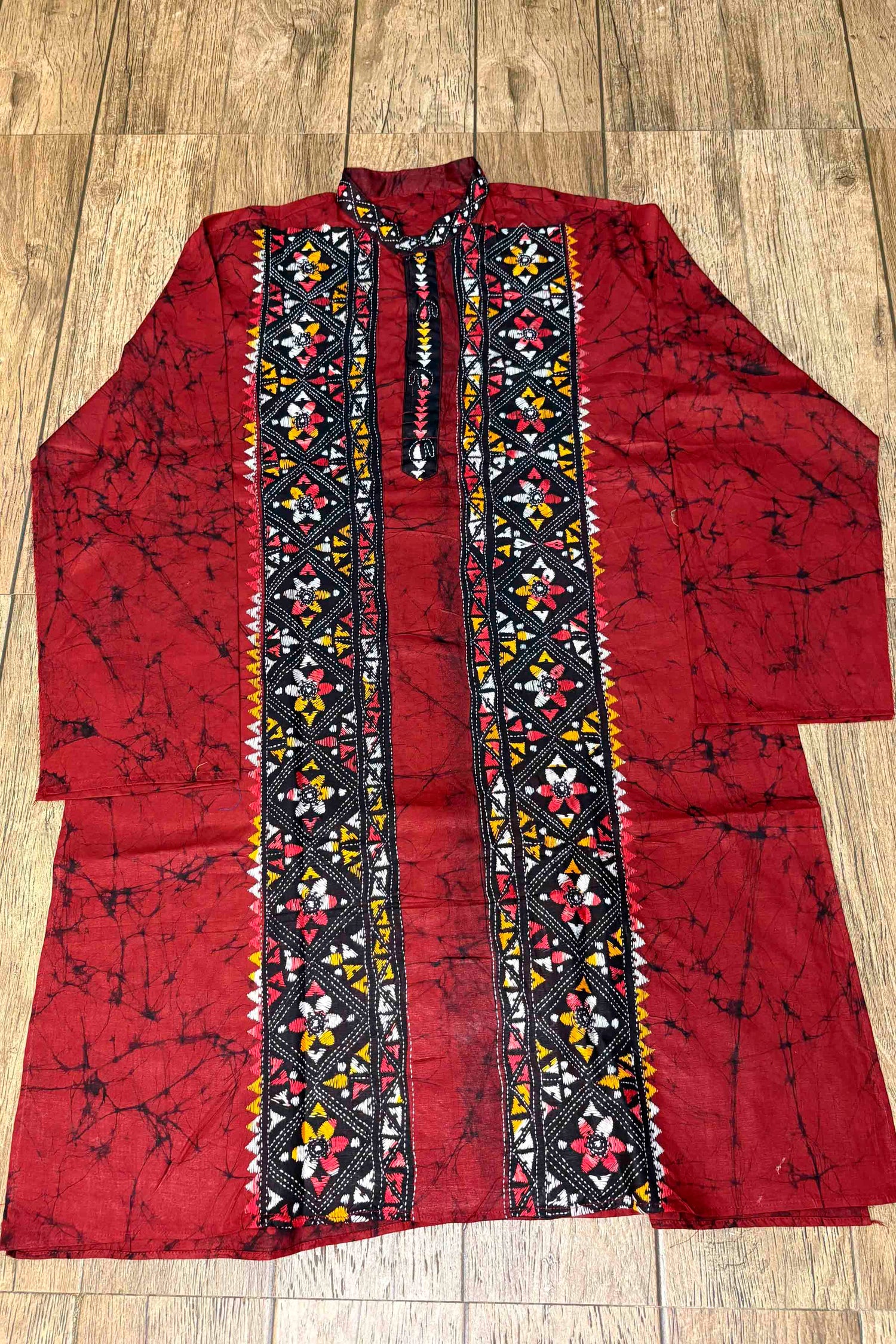Red Pure Cotton Batik with Kantha Work (Hand Embroidery) Panjabi