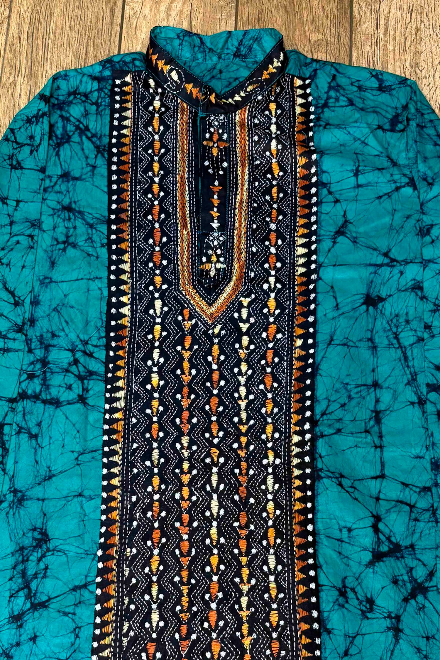 Sea Green Pure Cotton Batik with Kantha Work (Hand Embroidery) Panjabi