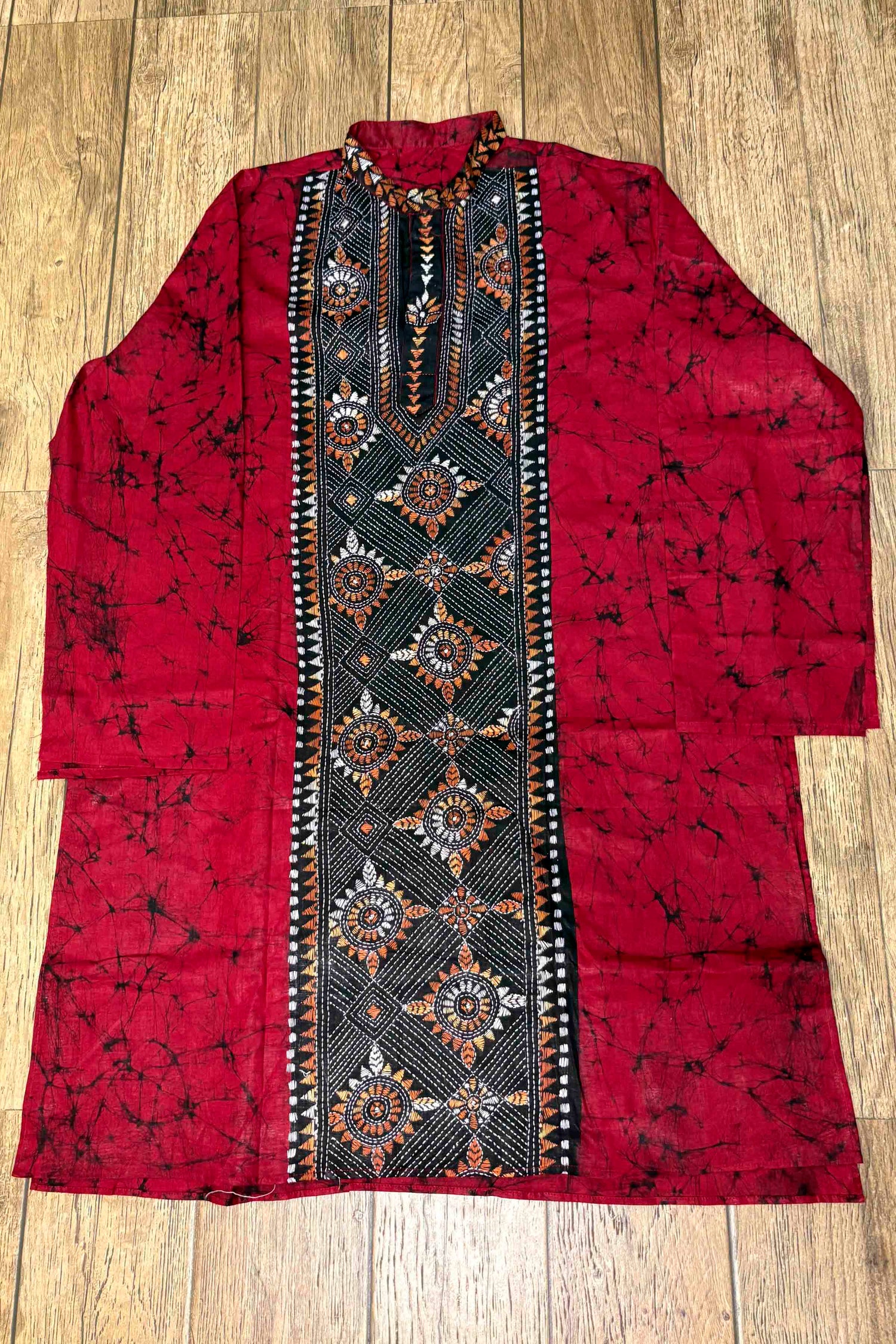 Red Pure Cotton Batik with Kantha Work (Hand Embroidery) Panjabi