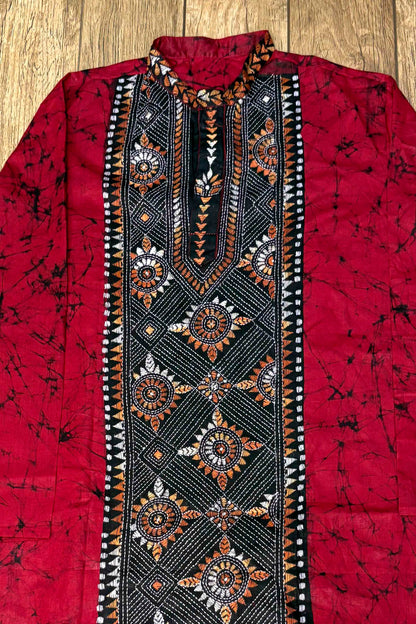 Red Pure Cotton Batik with Kantha Work (Hand Embroidery) Panjabi