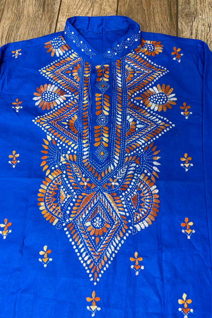 Blue Pure Cotton with Kantha Work (Hand Embroidery) Panjabi