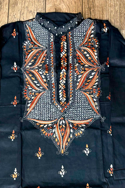 Black Pure Cotton with Kantha Work (Hand Embroidery) Panjabi