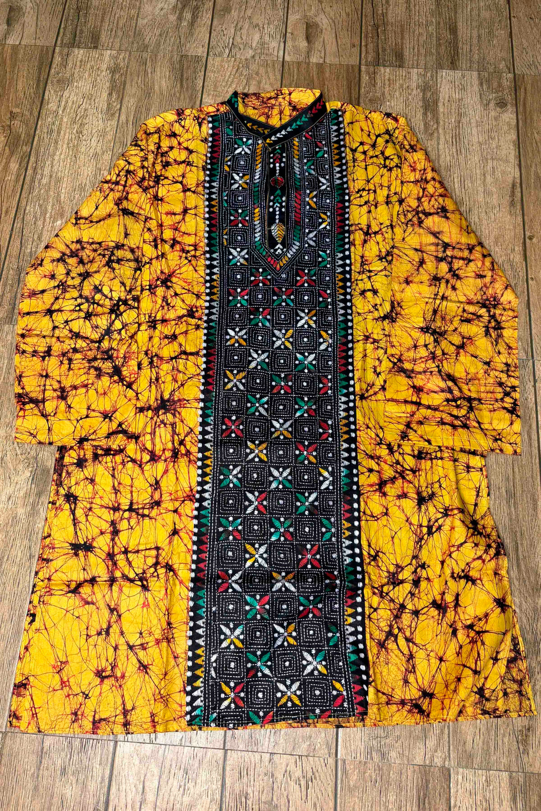 Yellow Pure Cotton Batik with Kantha Work (Hand Embroidery) Panjabi