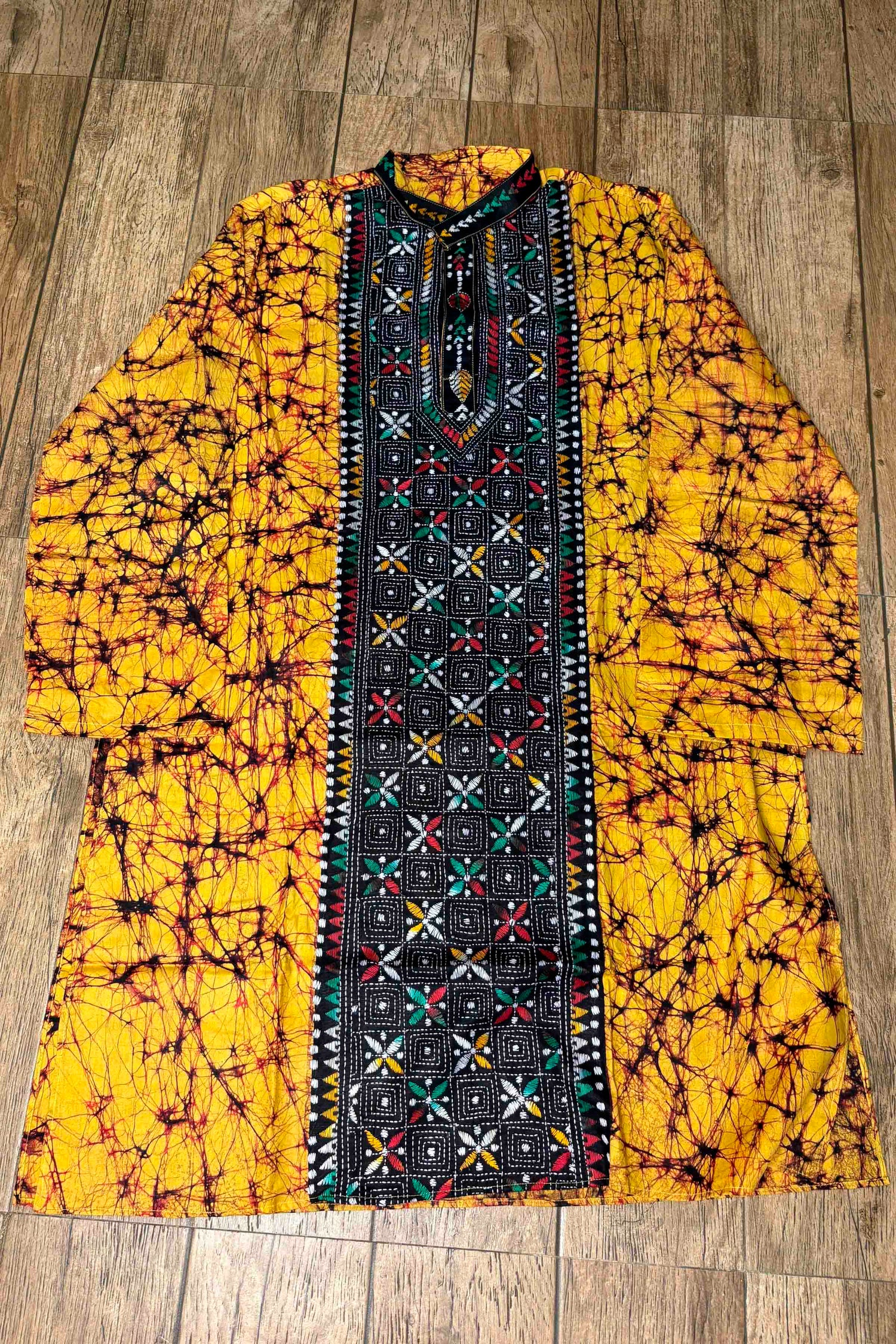 Yellow Pure Cotton Batik with Kantha Work (Hand Embroidery) Panjabi