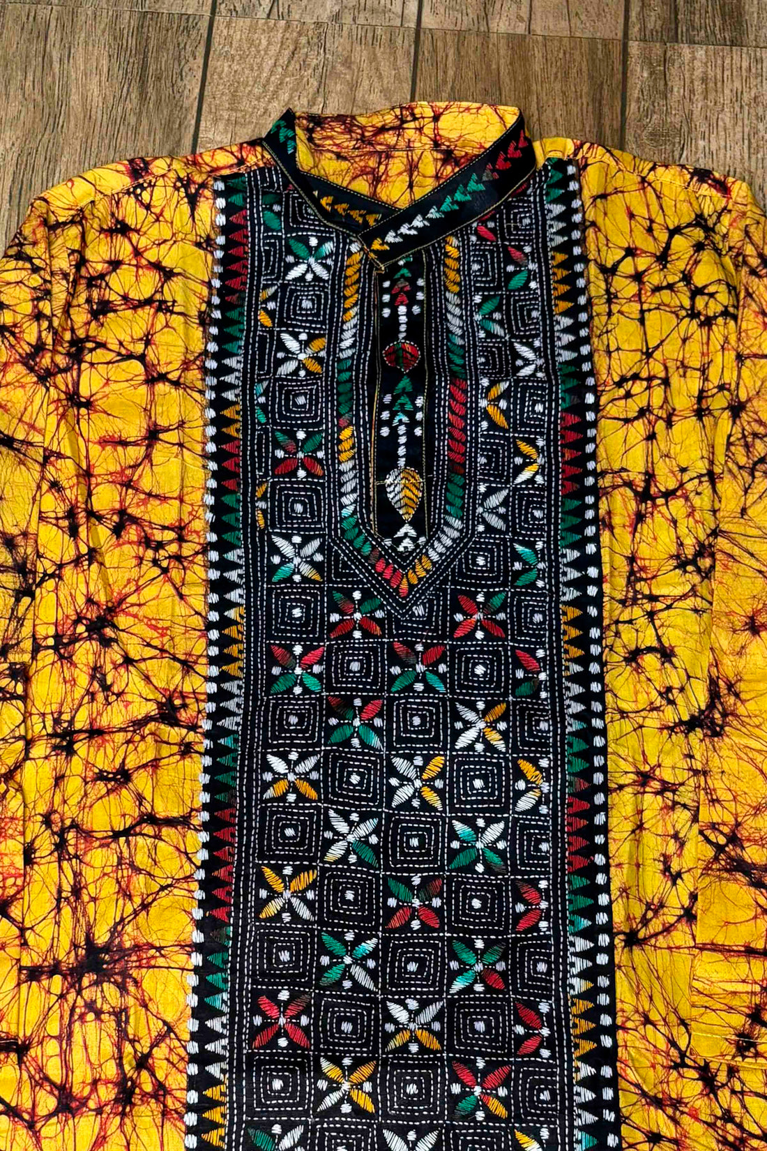 Yellow Pure Cotton Batik with Kantha Work (Hand Embroidery) Panjabi