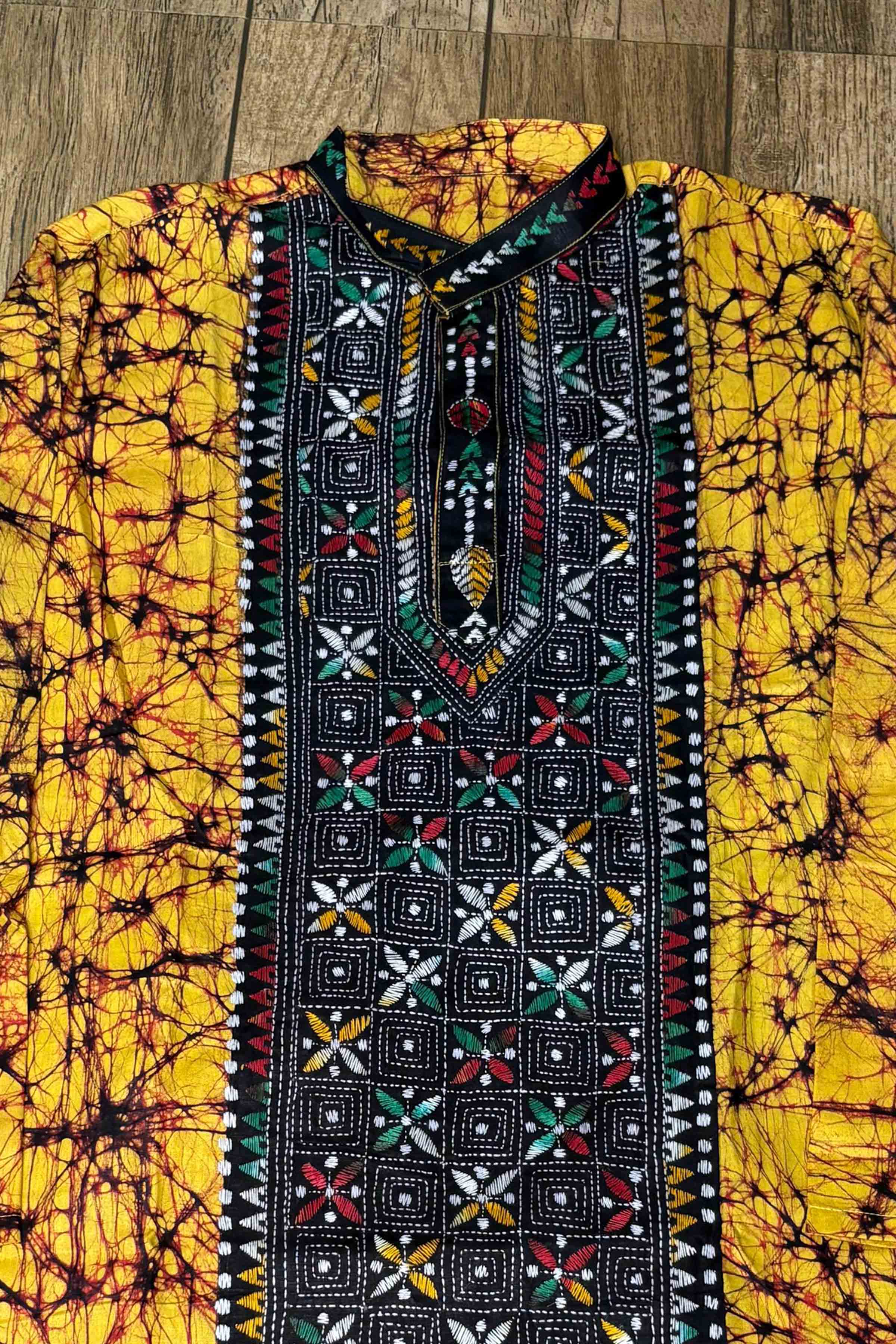 Yellow Pure Cotton Batik with Kantha Work (Hand Embroidery) Panjabi