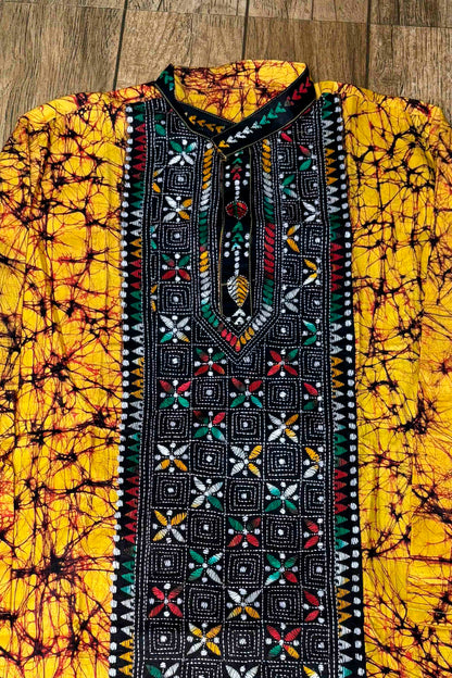 Yellow Pure Cotton Batik with Kantha Work (Hand Embroidery) Panjabi