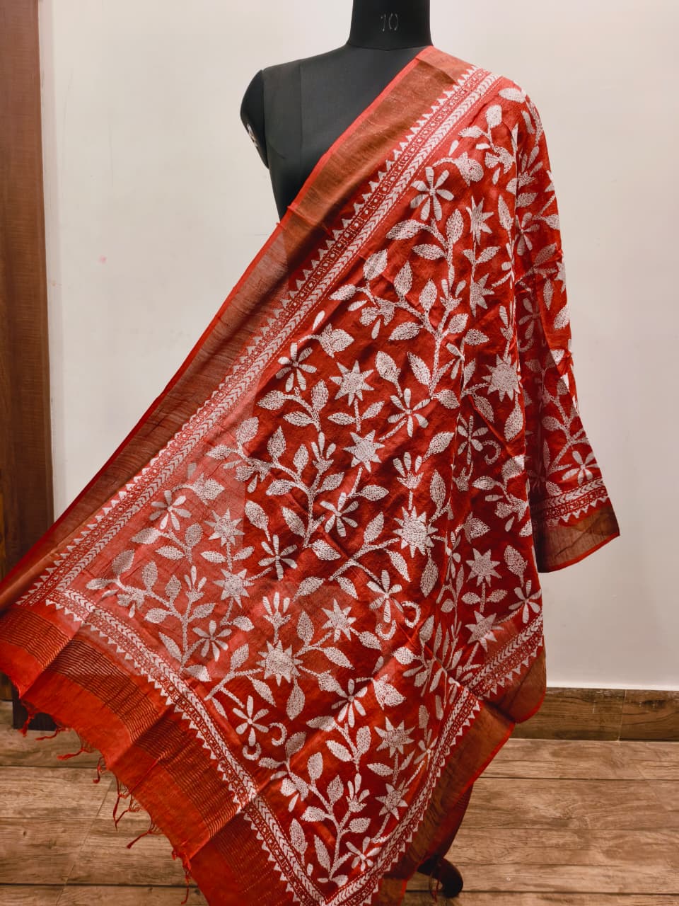 Zari Border Pure Tussar Kantha Stitch Dupatta SN26KD23