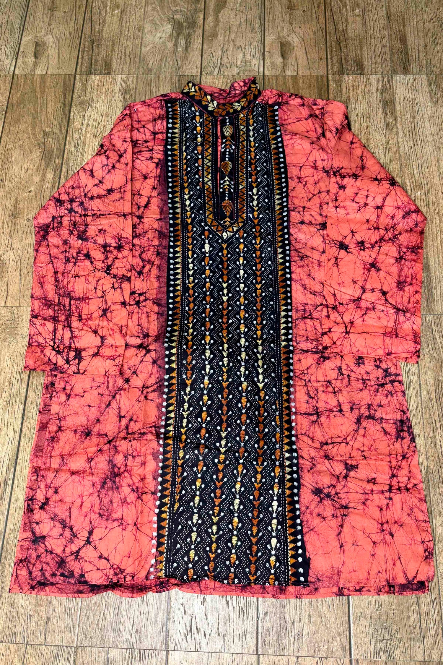 Pink Pure Cotton Batik with Kantha Work (Hand Embroidery) Panjabi