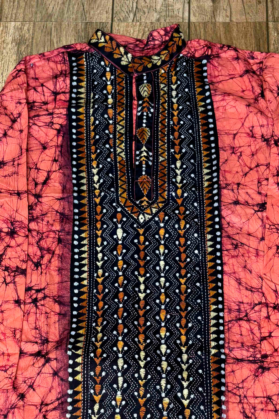 Pink Pure Cotton Batik with Kantha Work (Hand Embroidery) Panjabi