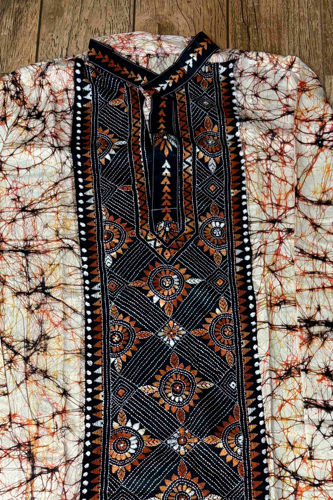 White Pure Cotton Crack Batik with Kantha Work (Hand Embroidery) Panjabi