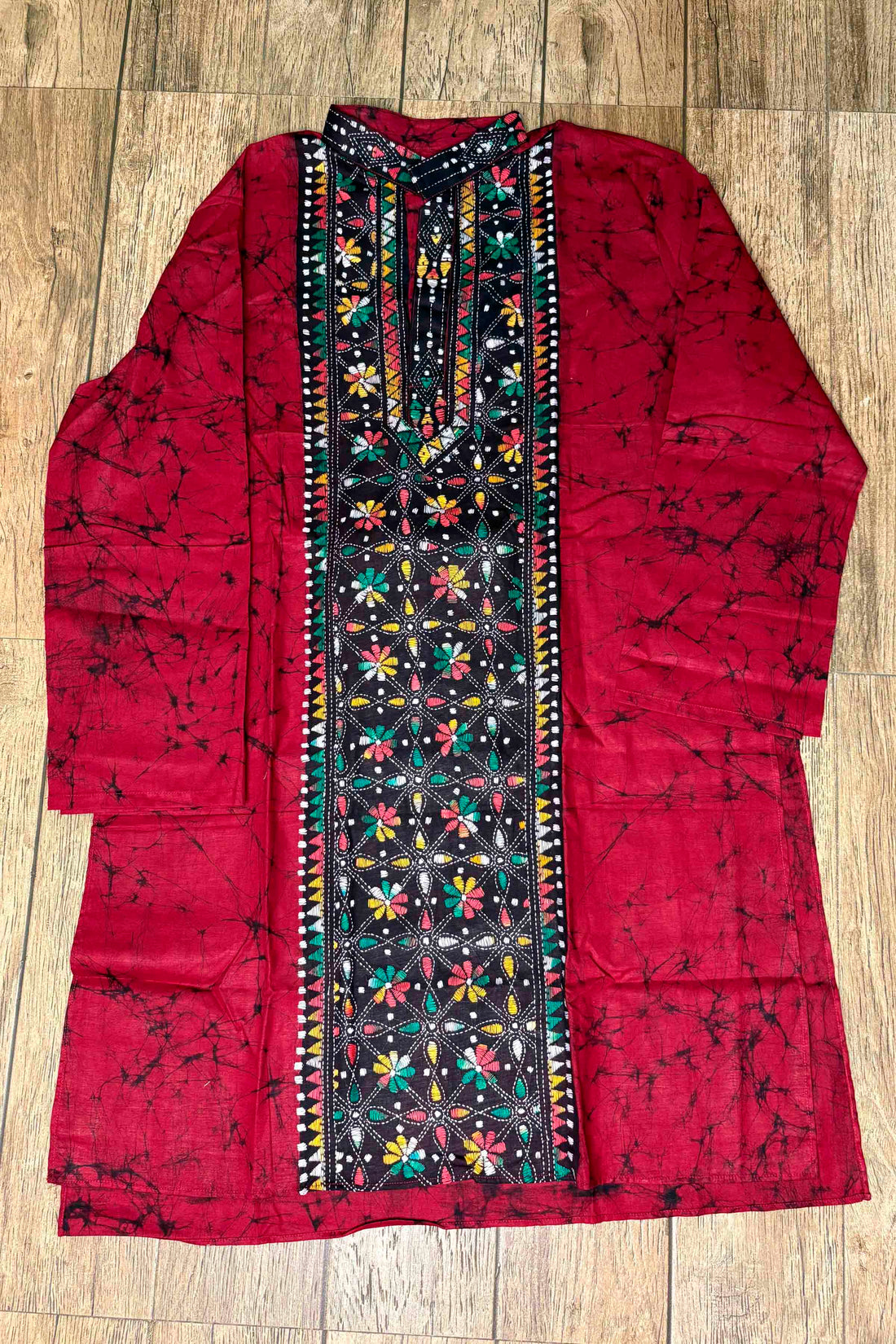 Red Pure Cotton Batik with Kantha Work (Hand Embroidery) Panjabi
