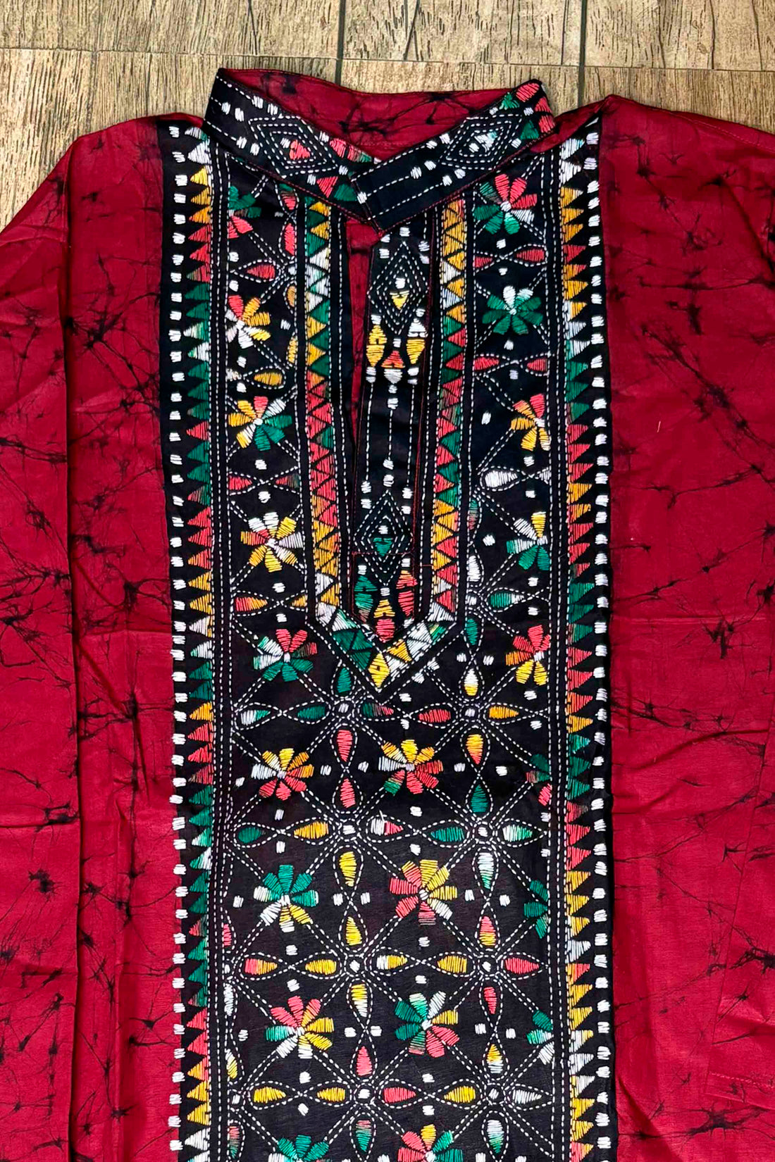 Red Pure Cotton Batik with Kantha Work (Hand Embroidery) Panjabi