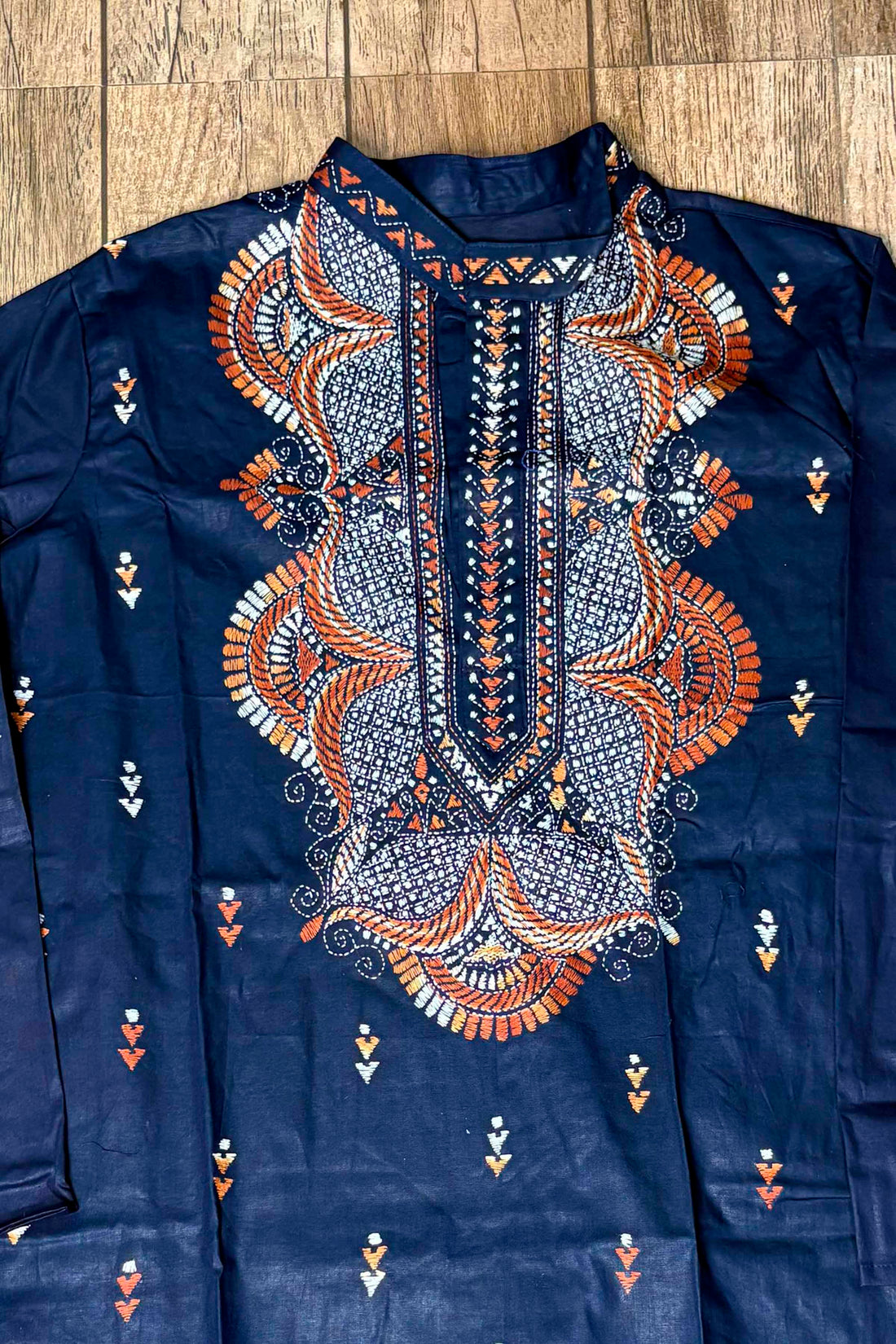 Midnight Blue Pure Cotton with Kantha Work (Hand Embroidery) Panjabi