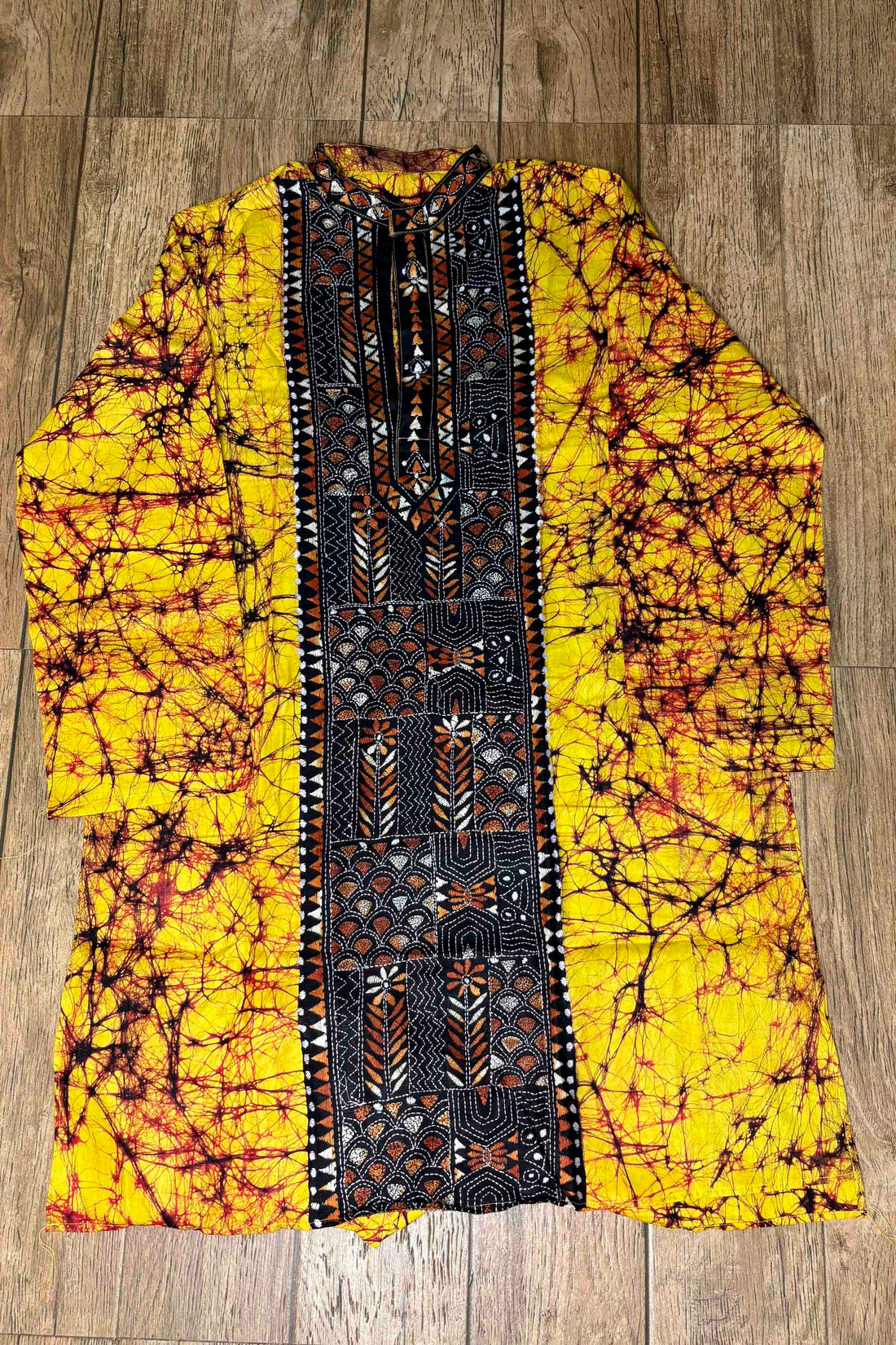 Yellow Pure Cotton Batik with Kantha Work (Hand Embroidery) Panjabi