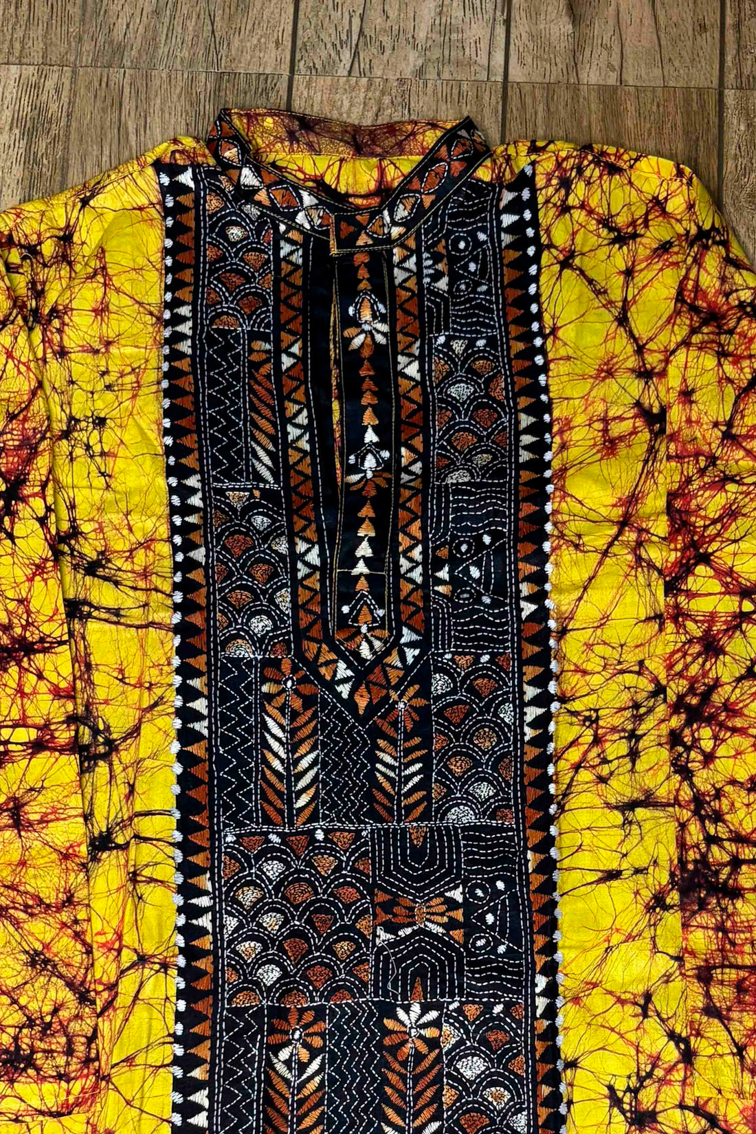 Yellow Pure Cotton Batik with Kantha Work (Hand Embroidery) Panjabi
