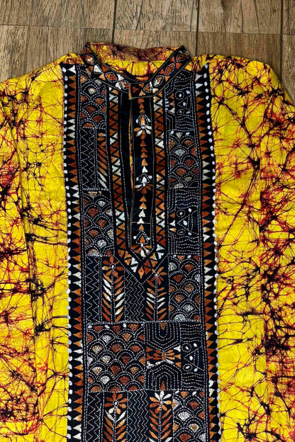 Yellow Pure Cotton Batik with Kantha Work (Hand Embroidery) Panjabi