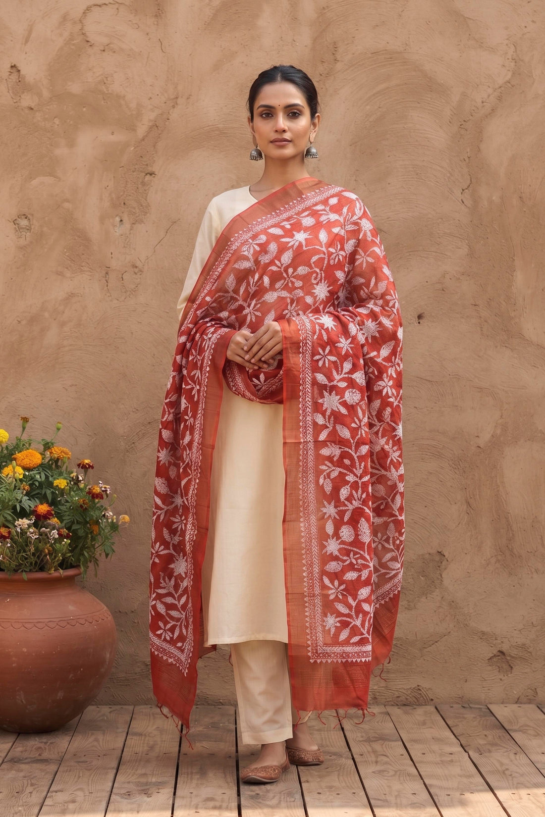Zari Border Pure Tussar Kantha Stitch Dupatta SN26KD23