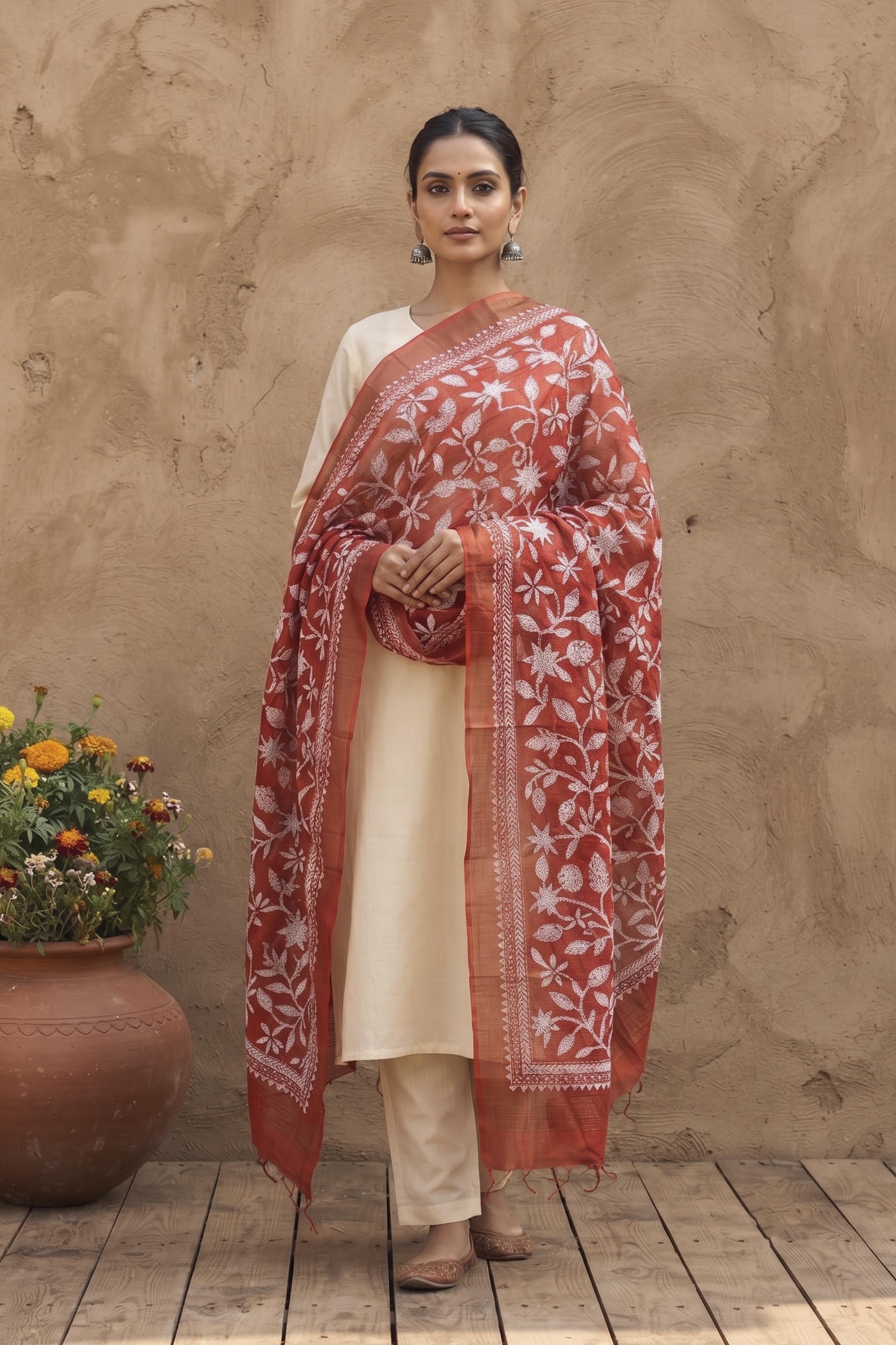 Zari Border Pure Tussar Kantha Stitch Dupatta SN26KD23