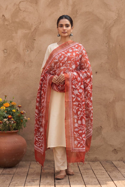 Zari Border Pure Tussar Kantha Stitch Dupatta SN26KD23