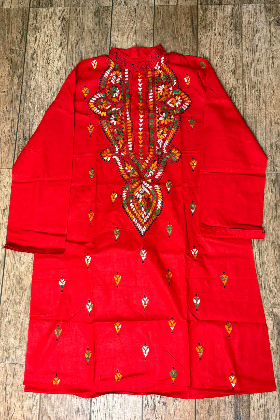 Red Pure Cotton with Kantha Work (Hand Embroidery) Panjabi