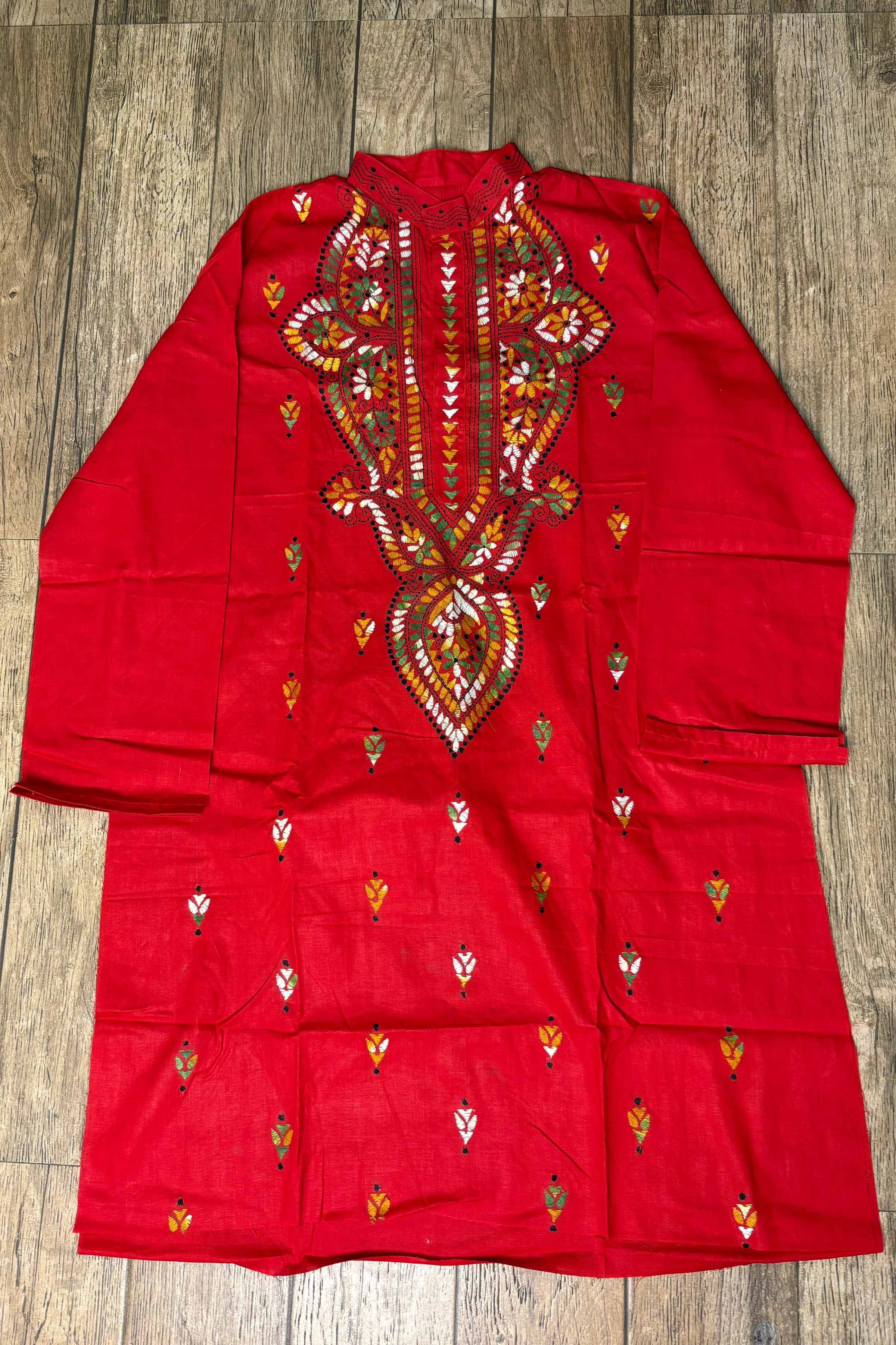 Red Pure Cotton with Kantha Work (Hand Embroidery) Panjabi