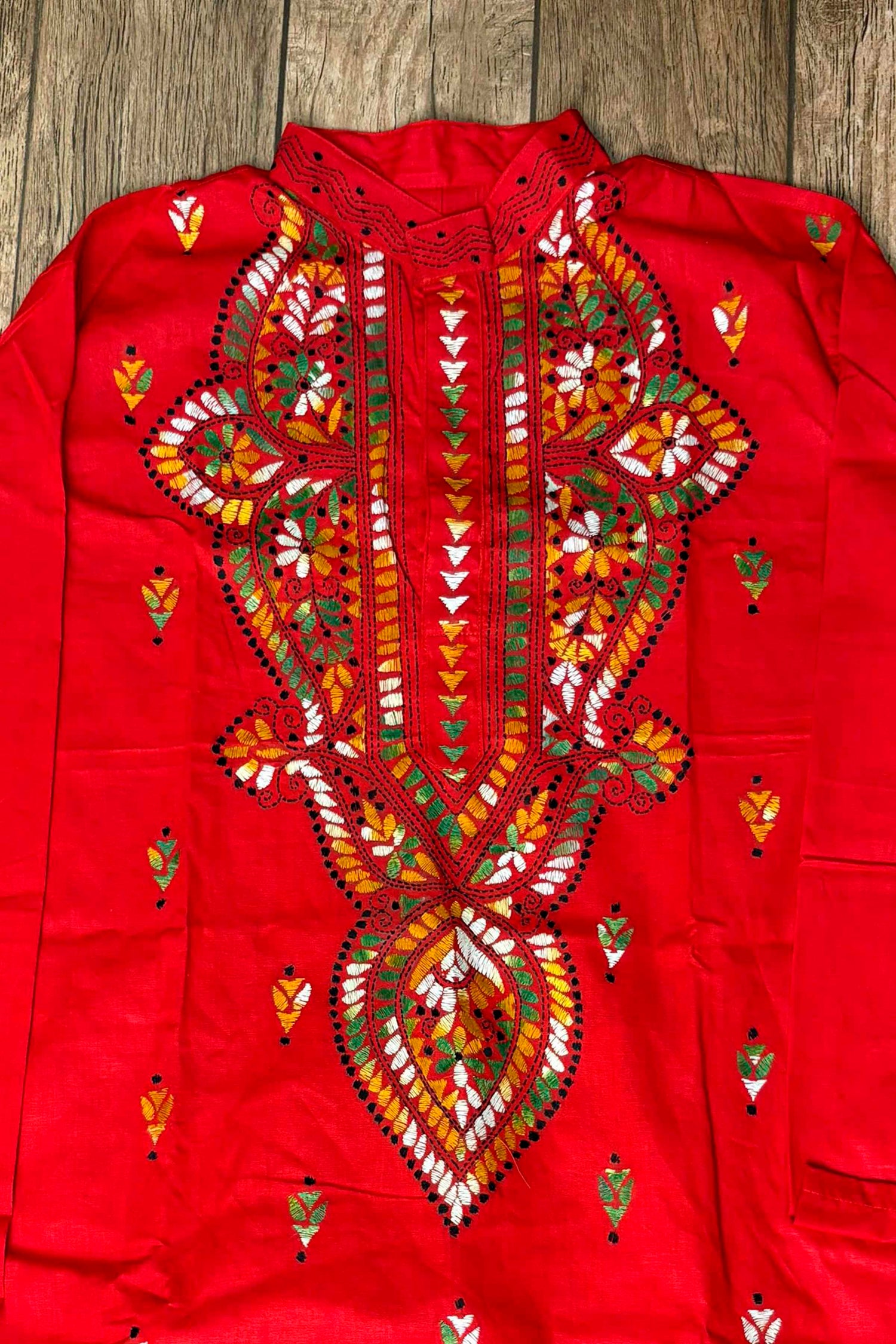 Red Pure Cotton with Kantha Work (Hand Embroidery) Panjabi