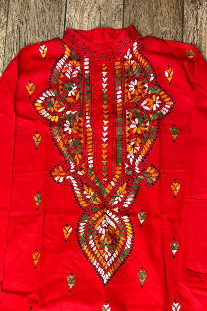 Red Pure Cotton with Kantha Work (Hand Embroidery) Panjabi