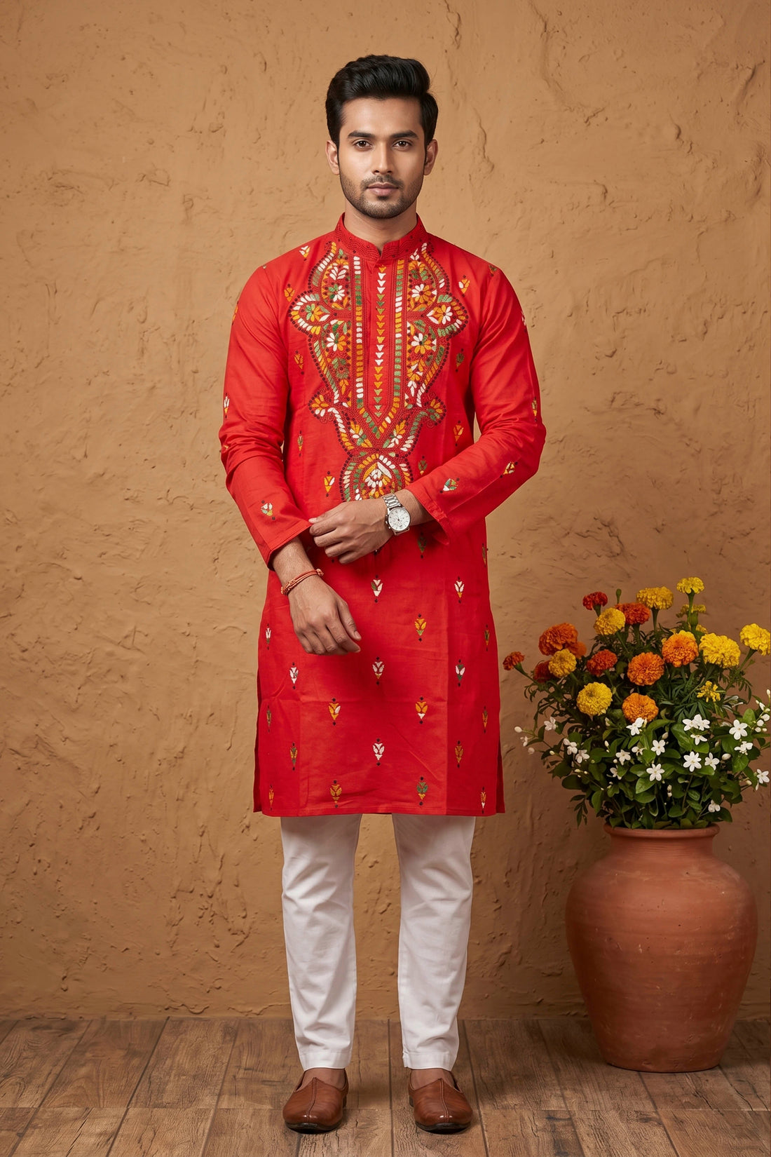 Red Pure Cotton with Kantha Work (Hand Embroidery) Panjabi