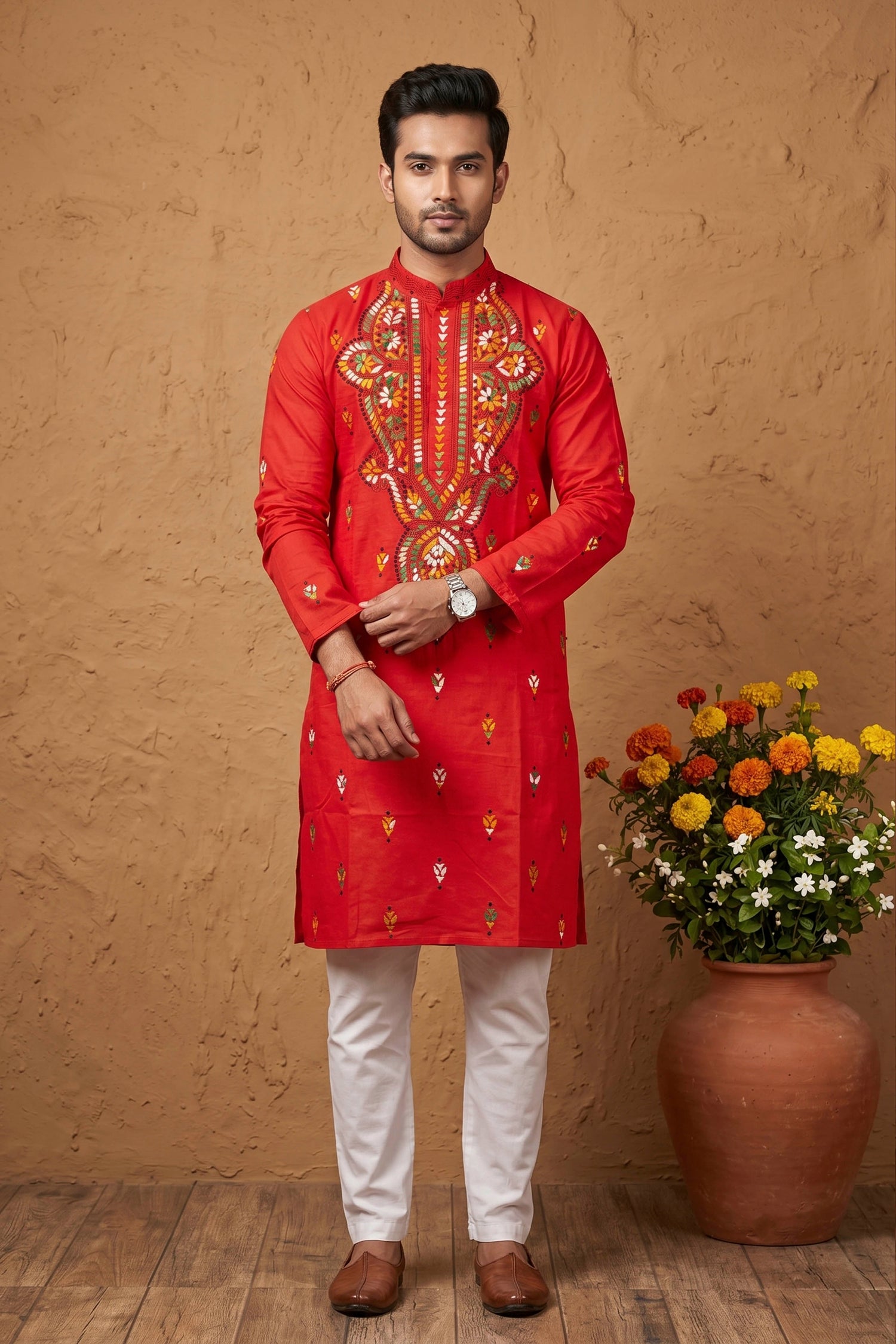 Red Pure Cotton with Kantha Work (Hand Embroidery) Panjabi