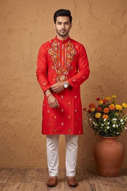 Red Pure Cotton with Kantha Work (Hand Embroidery) Panjabi
