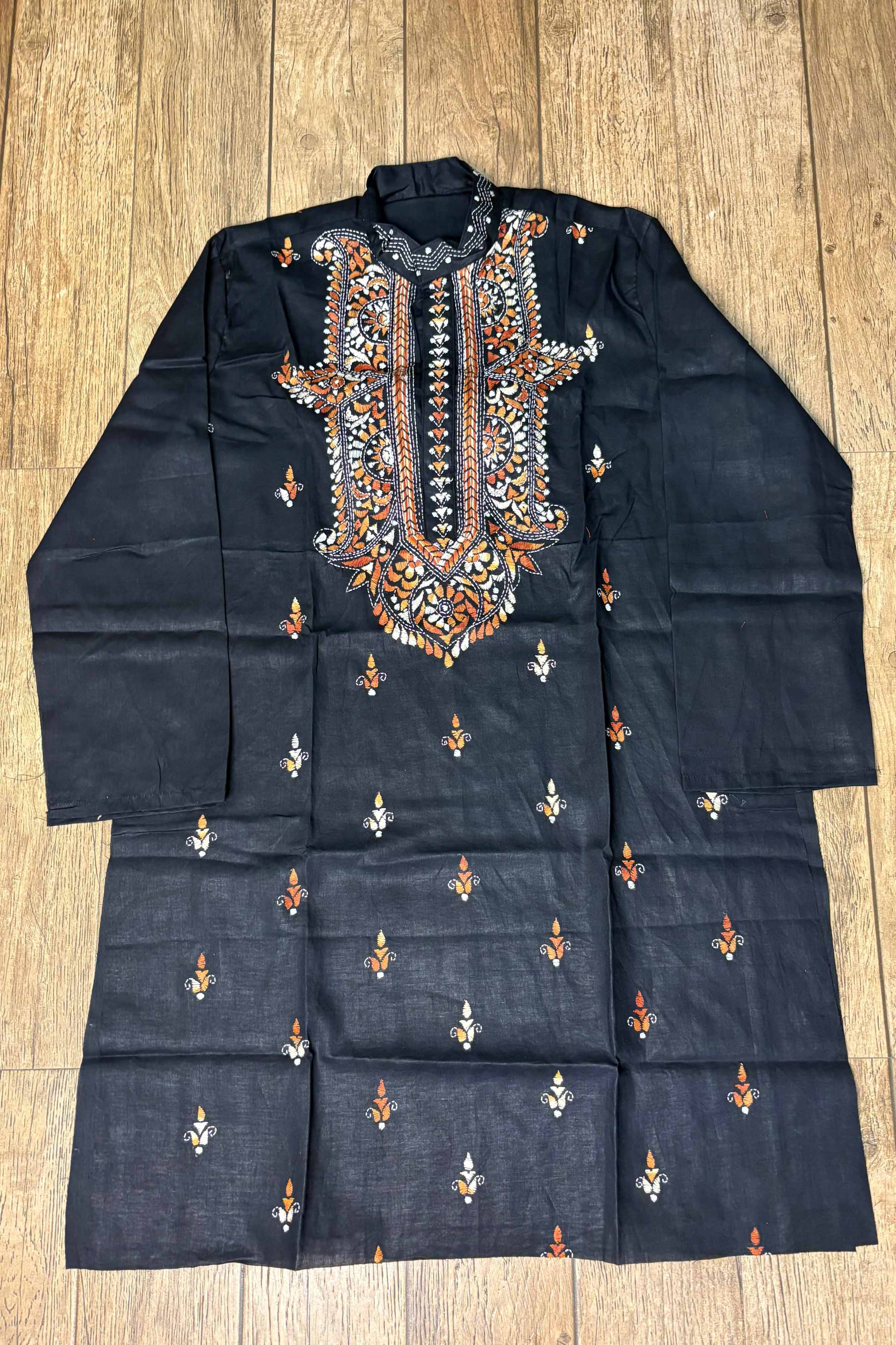 Black Pure Cotton with Kantha Work (Hand Embroidery) Panjabi