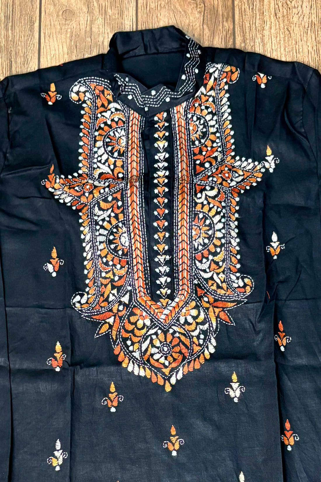 Black Pure Cotton with Kantha Work (Hand Embroidery) Panjabi